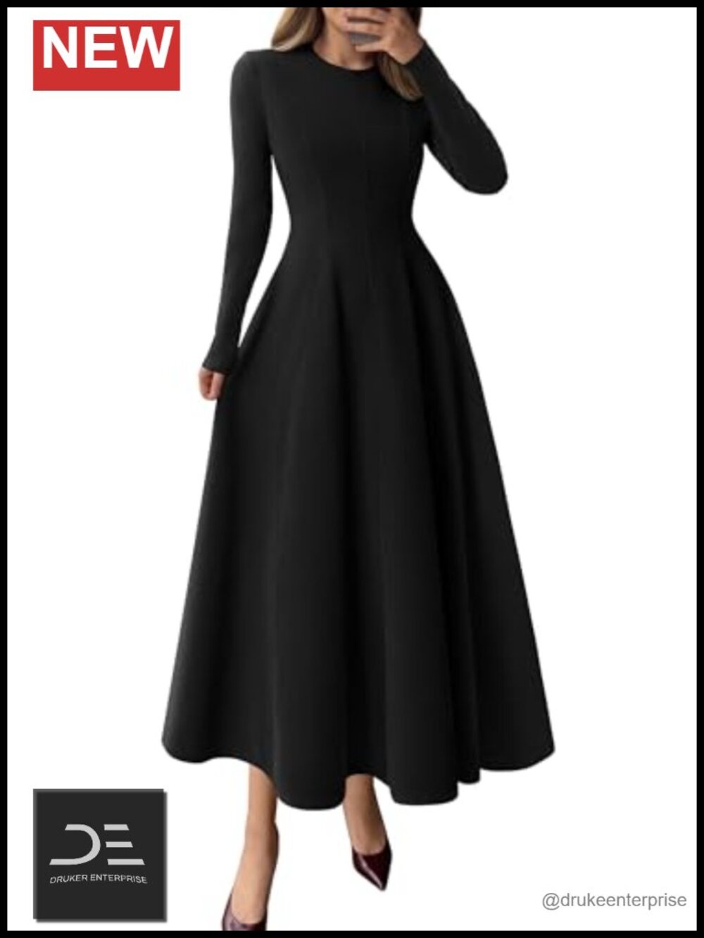 Women's Long Sleeve A-Line Midi Cocktail Dress Fit & Flare Fall Elegant